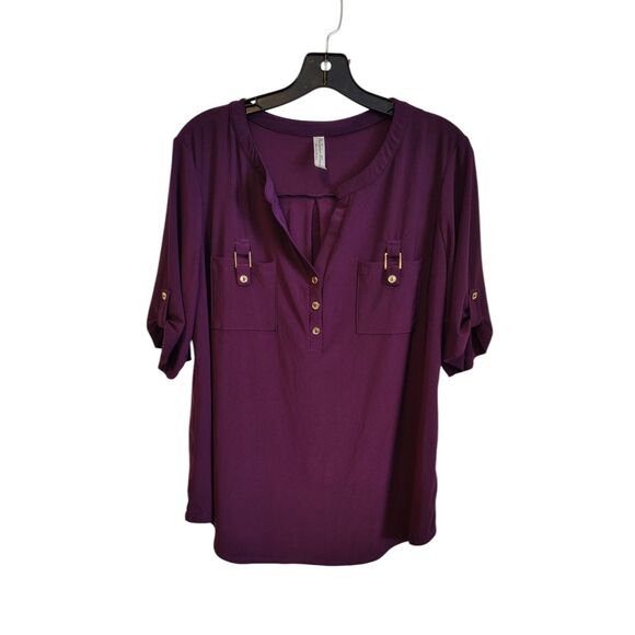 Perseption Purple V-Neck flowy Gold Color Hardware Blouse - Picture 1 of 6
